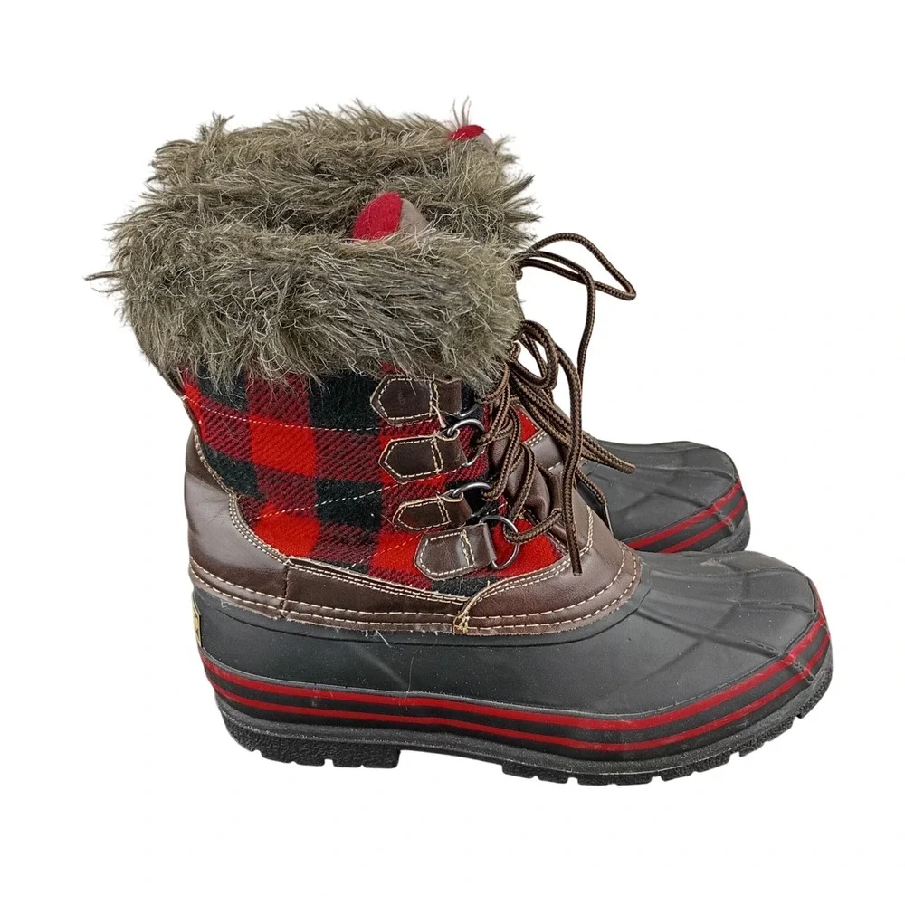 Tamarack Womens Buffalo Plaid Duck Boots Red Black Faux Fur Thinsulate Size 7